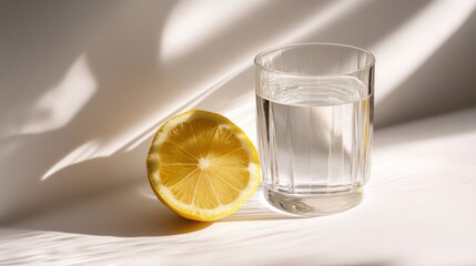 Poster - Lemon half next to glass of water under sun shadows