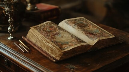Poster - Open antique book with detailed illustrations lies on wood surface
