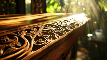 Wall Mural - Wooden table with intricate carvings bathed in warm sunlight