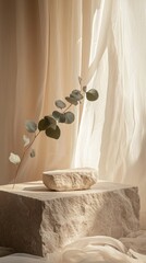 Poster - A beautifully arranged podium features a natural stone base with a smooth, rounded shape