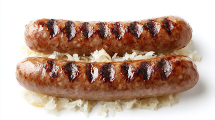 Set of two german bratwurst sausage dishes with sourkraut isolated on white background, traditional food.