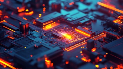 Poster - Abstract Circuit Board Glowing With Orange And Blue Light