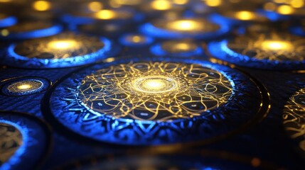 Poster - mystical blue and gold pattern with glowing orbs and intricate details