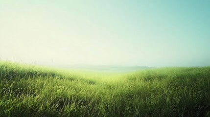 Canvas Print - Serene misty green field landscape at sunrise.