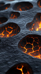 Poster - Close-up of dark porous surface with glowing orange patterns inside holes, showcasing an abstract and organic texture resembling volcanic lava or molten rock in a digital art style.