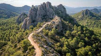 Poster - Scenic mountain path winding through forested and rocky terrain