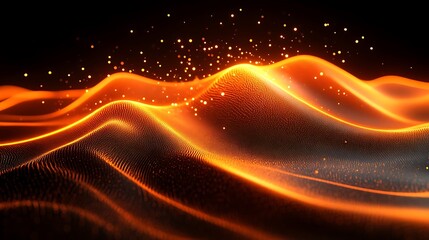 Poster - Radiant Digital Waves, Abstract Glowing Orange Particle Landscape