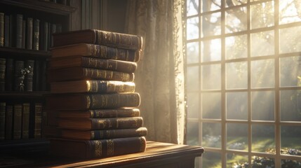 Aufkleber - Stack of vintage books near a window in a library
