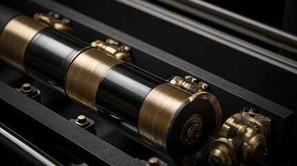 Poster - Cylindrical object wrapped in gold bands rests in dark setting