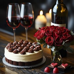 Poster - A bouquet of roses, indulgent chocolates, a heartfelt card, a bottle of wine, and a delightful heart-shaped cake.