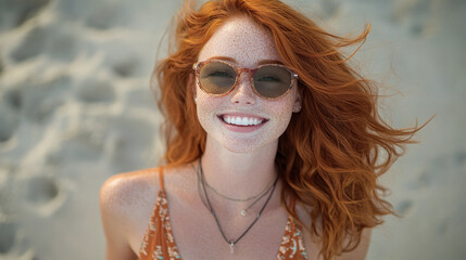 Wall Mural - Portrait of a beautiful happy smiling young woman with red hair and sunglasses on a beautiful day on the beach.