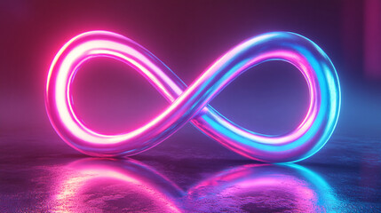 Fototapete - 3D rendering of a glowing infinity symbol in neon pink and blue light on a reflective surface, symbolizing endless possibilities, technology, and modernity.