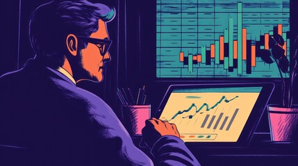 Poster - Man reviews financial data on laptop and desktop screens