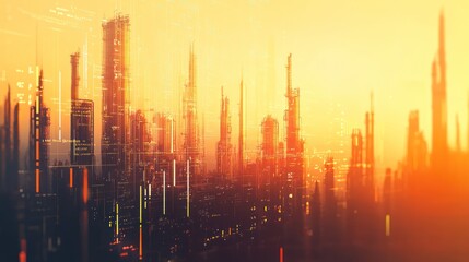 Poster - Futuristic Cityscape with Industrial Towers and Data Overlay