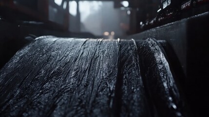 Poster - Dark glistening conveyor belt carrying material