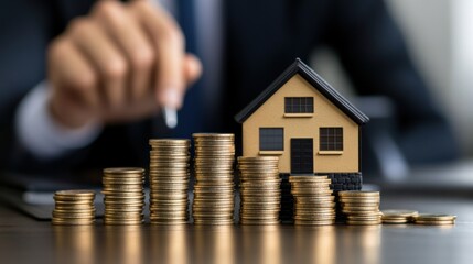 Poster - Person stacks coin atop piles next to miniature house