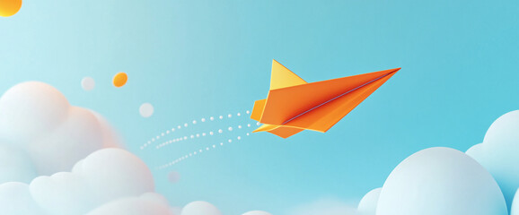 Poster - A bright orange paper airplane flying through a clear blue sky with fluffy clouds, symbolizing freedom, flight, and childhood imagination.