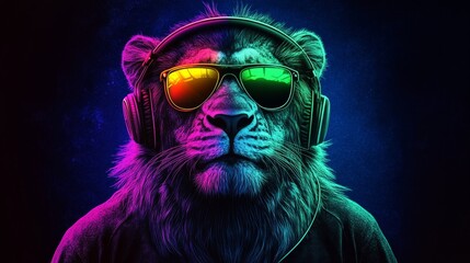 Neon Party Lion DJ, Wearing Headphones, Cool Sunglasses, Music Event, Nightlife, Colorful Portrait