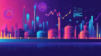 Poster - Neon Industrial Cityscape Reflecting Growth and Data