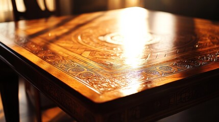 Poster - Light reflects off a detailed wooden table with ornate carvings