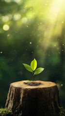 Poster - Close-up image of a small green plant sprouting from a tree stump with soft sunlight filtering through the forest, symbolizing new growth, nature, and environmental renewal.