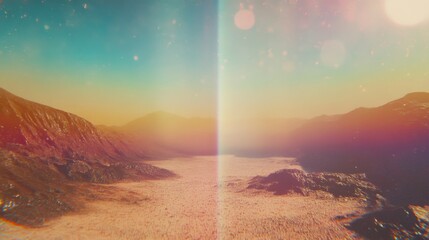 Light lens flare overlay. Photo of sun ray diffraction with scratch, dust and  leaks. Holographic effect background.