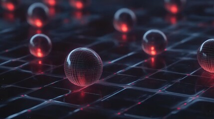 Poster - Red Lit Wireframe Spheres on Dark Grid Surface