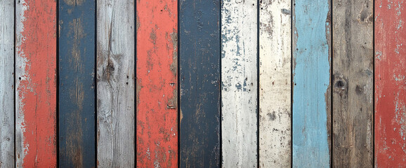 Aufkleber - Close-up of worn wooden planks with a variety of faded paint colors including red, blue, gray, and white, showcasing vintage, rustic, and weathered textures for creative design.