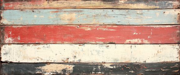 Aufkleber - Close-up of old wooden planks in a red, blue, and white striped pattern, showing signs of wear and tear, giving a rustic and vintage appearance, perfect for creative and nostalgic designs.