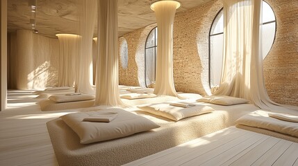 Poster - A spacious, open sand therapy room bathed in soft, natural light from large windows. The room is divided by delicate, flowing fabric partitions that create subtle boundaries, airy atmosphere.