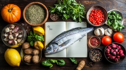 Wall Mural - Open Recipe Notebook Mockup Surrounded by Fresh Fish, Herbs, Spices, and Vegetables on Rustic Wood