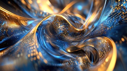 Poster - abstract futuristic wave with golden accents and technological patterns