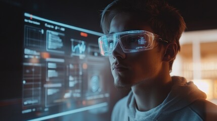 Poster - Man wearing augmented reality glasses looking at complex data screen