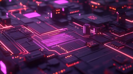 Poster - Futuristic motherboard glows with neon pink and purple light