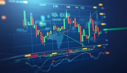 Poster - Stock Market Chart on Blue Background, Financial Data Visualization with Candle Sticks and Graphs
