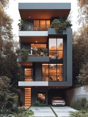 Wall Mural - A small, skinny, five-story modern house in the center of city, designed in a modern style. The facade is white and gray, with outdoor balconies on each floor and plants.