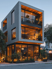 Poster - A small, skinny, five-story modern house in the center of city, designed in a modern style. The facade is white and gray, with outdoor balconies on each floor and plants.