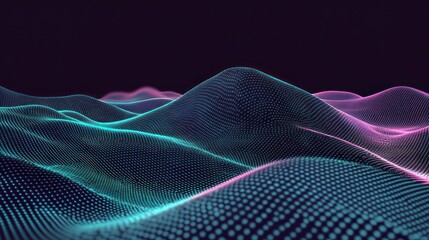 Poster - abstract neon landscape of data points glowing in a dark ambiance