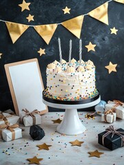 Poster - A small table with white and black bunting, gold stars, a cake stand in the middle of it, a blank board on one side, birthday gifts under the corner.