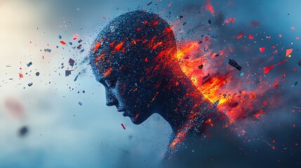 A digital human figure breaking apart into glitchy fragments, representing cyber vulnerability, surreal and vibrant 