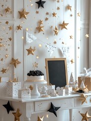 Poster - A small table with white and black bunting, gold stars, a cake stand in the middle of it, a blank board on one side, birthday gifts under the corner.