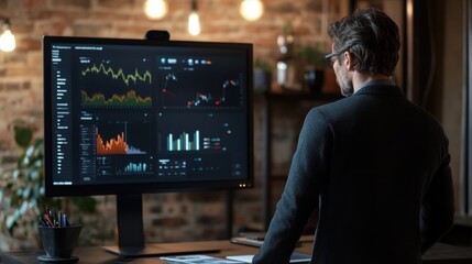 Poster - Man analyzing stock market data displayed on computer screen