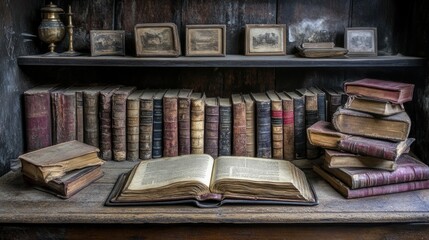 Poster - Antique books are displayed on a rustic wooden bookshelf