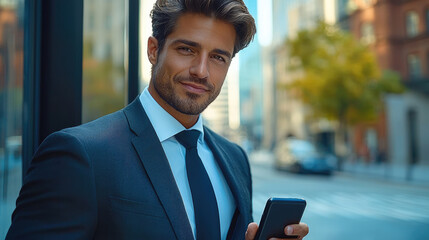 Aufkleber - Handsome businessman in business attire, holding a coffee on his hand and looking at his phone with an urban cityscape background.