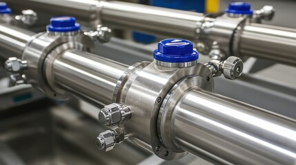 Poster - Industrial Stainless Steel Pipes with Blue Valves