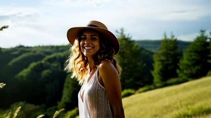 Fototapete - Backlit Portrait of calm happy smiling free woman with closed eyes enjoys a beautiful moment life on the fields at sunset	
