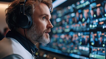 Wall Mural - A sports journalist reporting live from a football broadcast studio, detailed screens in the background showing record ratings.