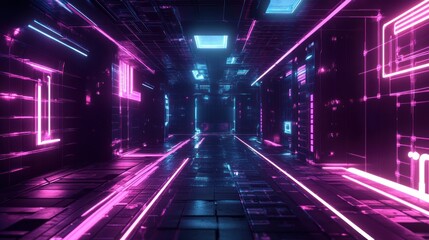Poster - futuristic neon corridor: abstract tech environment with glowing lights