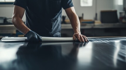 Poster - Man smooths a material on a glossy surface in a workshop