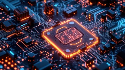 Poster - Futuristic glowing computer chip motherboard circuit board technology